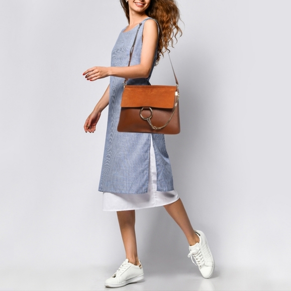 CHLOE Brown Leather and Suede Medium Faye Shoulder Bag Designer - Picture 9 of 9
